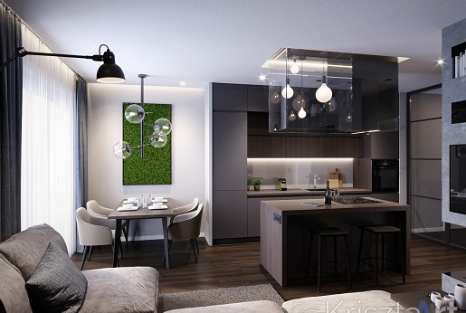 27 négyzetméteren megtervezett nappali, étkező, konyha.