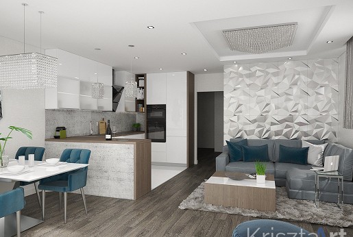 Budapesti új építésű ikerház nappali, konyha, étkező.