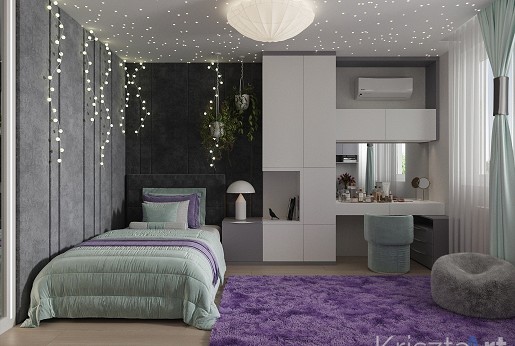 Fiatal lány szobája és a család nappali, étkező, konyha terei