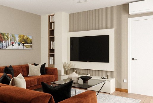 Design of a small children's room in a Budapest apartment, including a media wall.