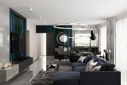 Masculine interior design with blue accents.