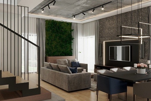 High ceilings, modern interior.