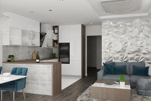 Living room, kitchen, and dining area of a newly built semi-detached house in Budapest.