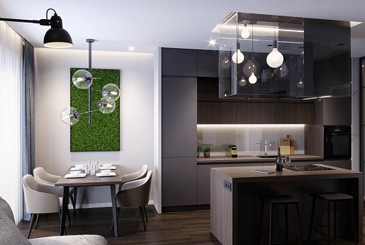 Living room, dining area, and kitchen designed within 27 square meters.