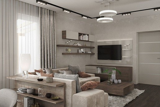 Design plans for the living room, dining area, kitchen, and bathroom of a young couple’s newly built home.